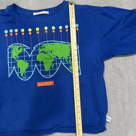 vintage 80's swatch watch sweatshirt blue pocket M (21" Pit To Pit) Graphic USA - Picture 7 of 14